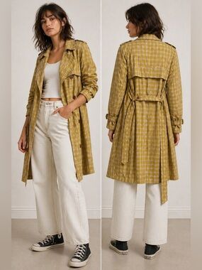 Urban Outfitters Mustard Plaid Trench Coat Belted Lightweight Jacket S